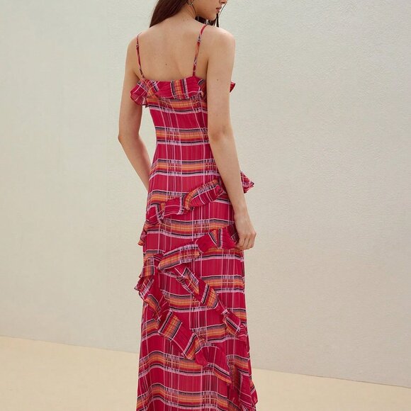 Red Boho Women's Plaid Ruffle Trim Cami Dress - Picture 2 of 7